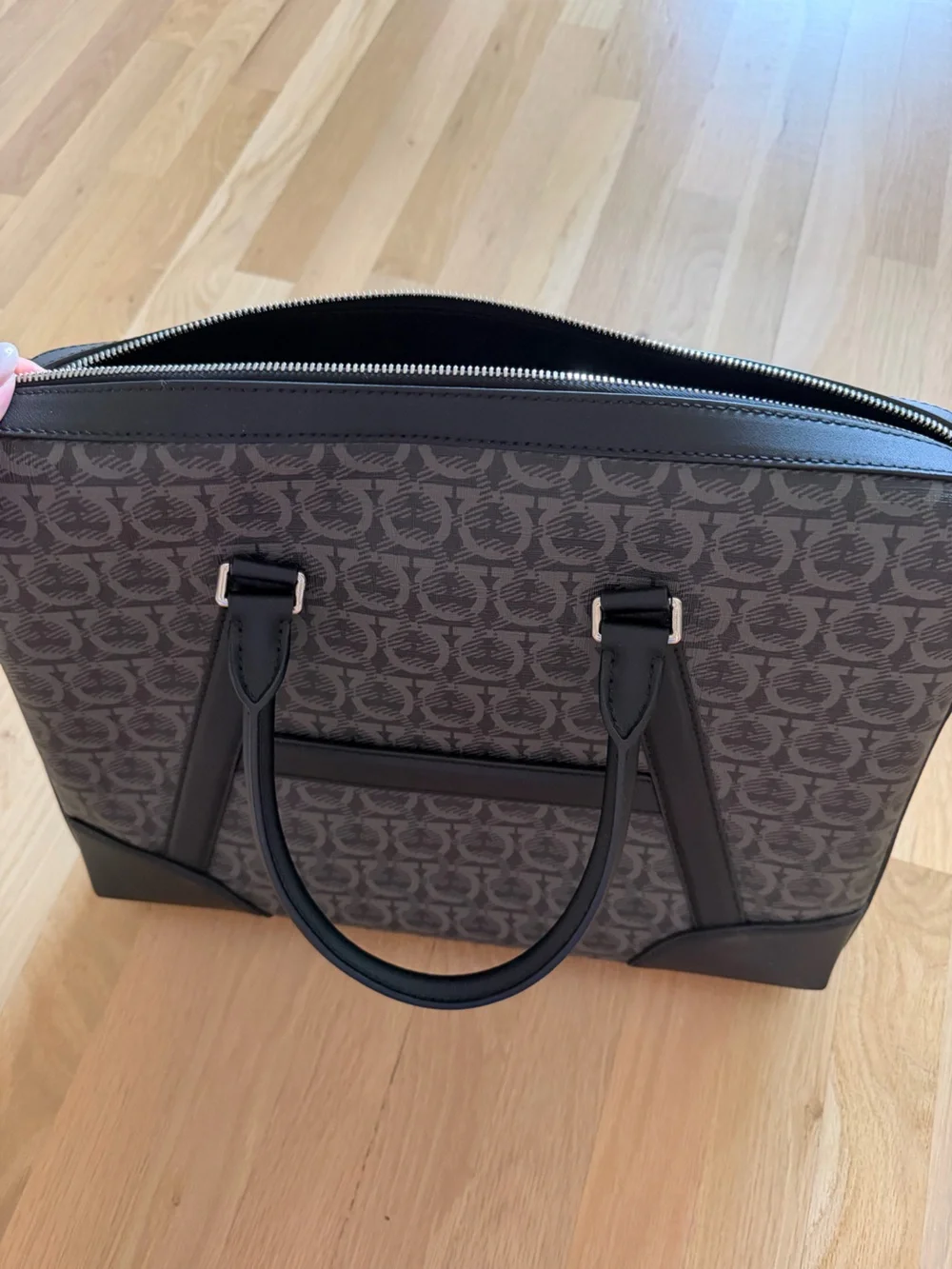 Salvatore Ferragamo Gray Gancini Logo Briefcase with Black Trim and Red Tag